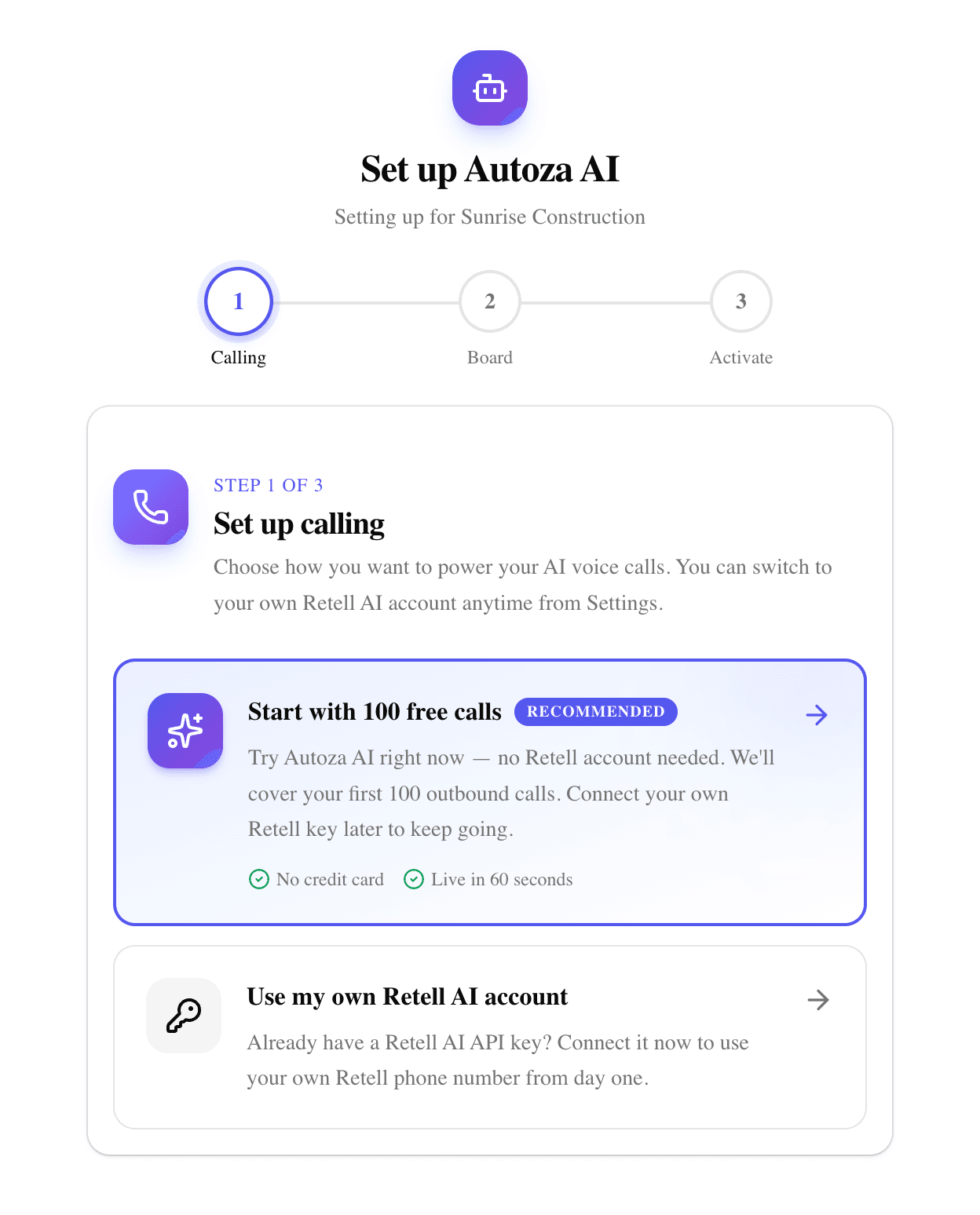 Onboarding takes about 60 seconds — start with our free trial or bring your own Retell account.