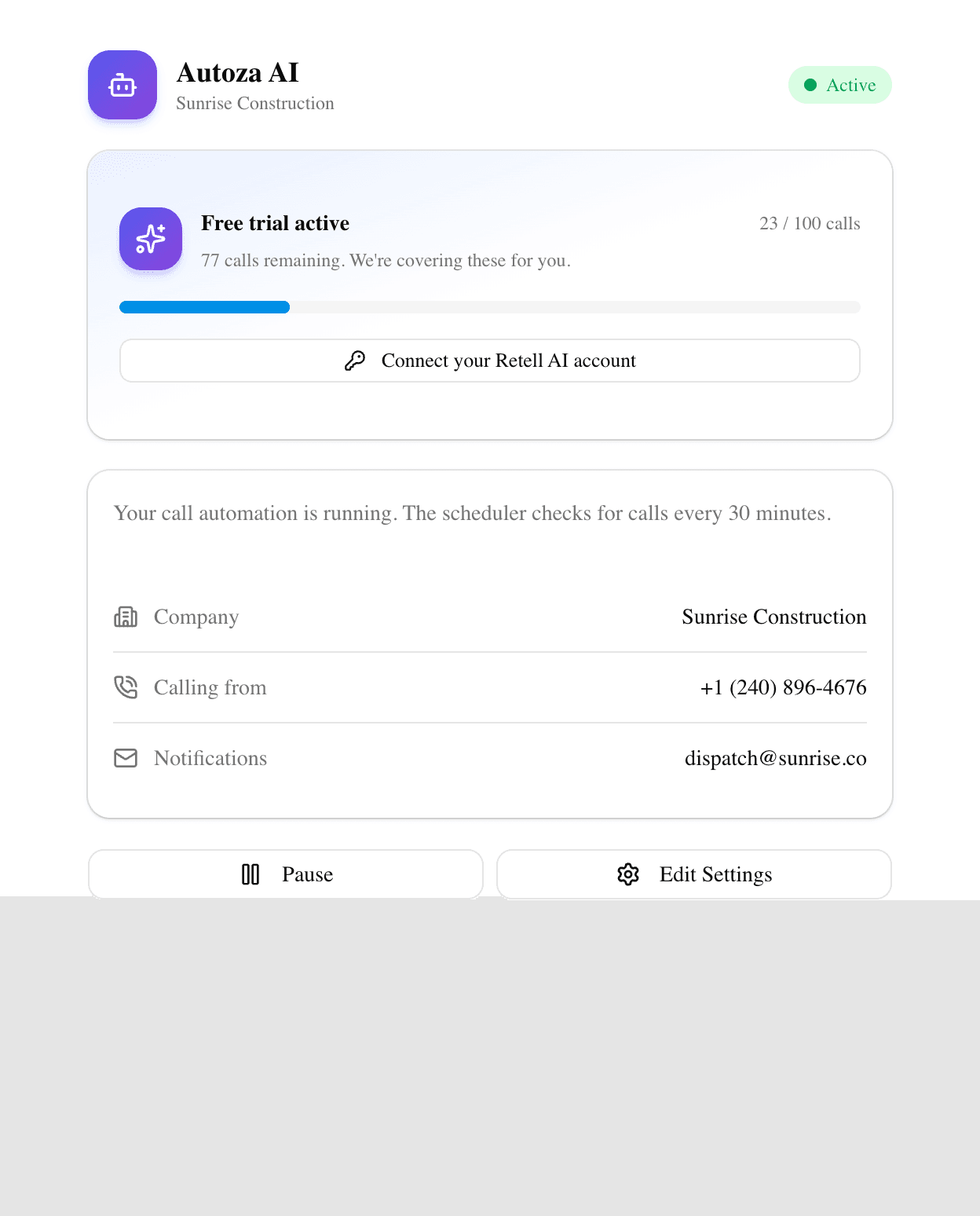 Autoza AI active settings panel showing free trial progress